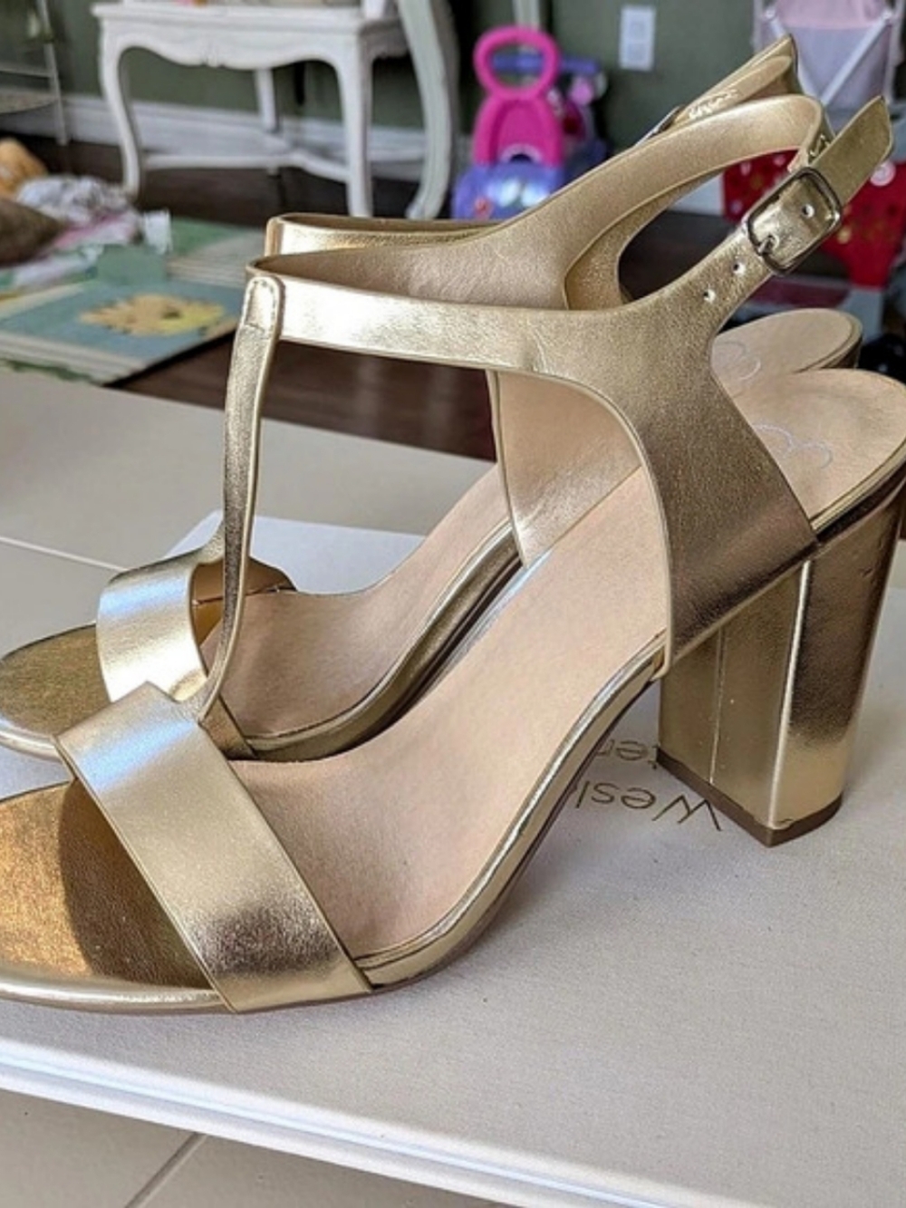 Gold Block Heel Sandals US 8.5